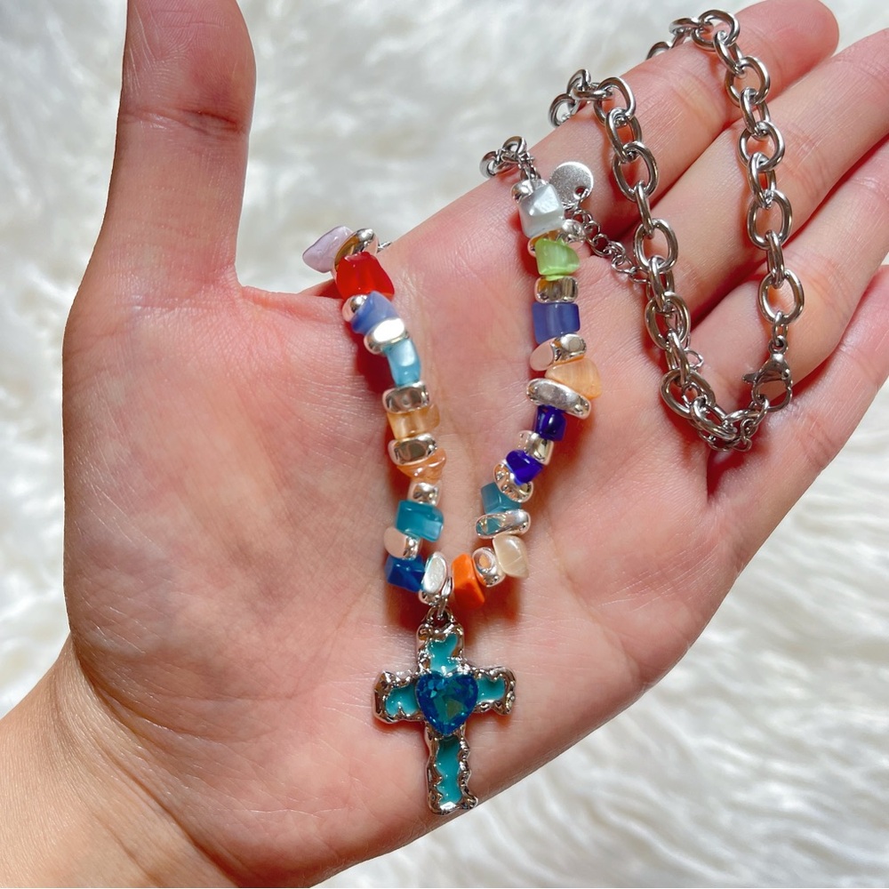 Stainless Steel Multicolor Gemstone Cross Pendant Necklace